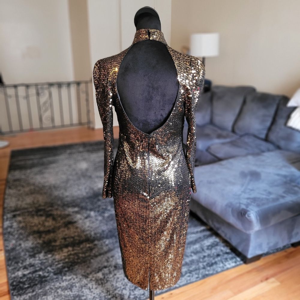 Vintage Sequin Long Sleeve Midi Dress - Gold - Size 8 - Picture 15 of 16